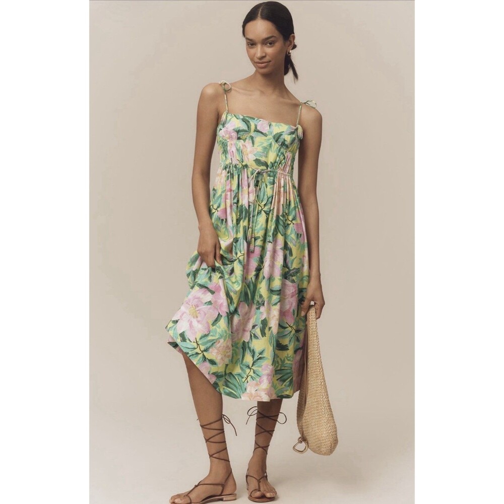 Farm Rio Anthropologie Midi Dress Green Linen Blend Babydoll Vacay Small NWT